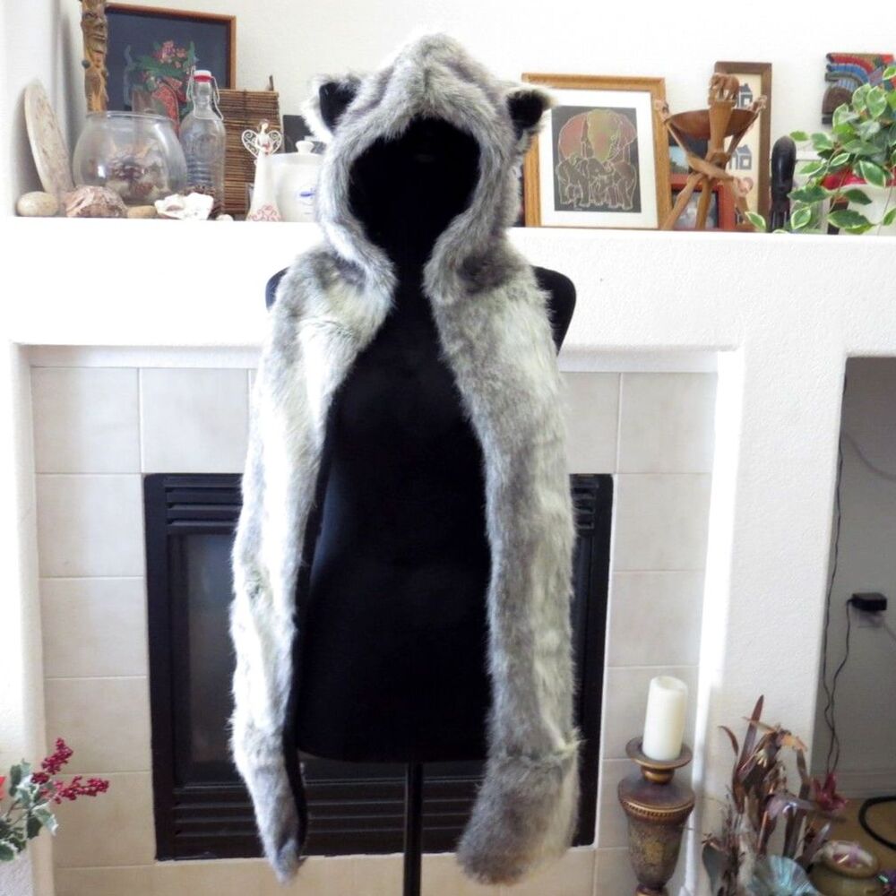 3 in 1 White Wolf Faux Fur Spirit Hood Festival Wear OS gray black EUC